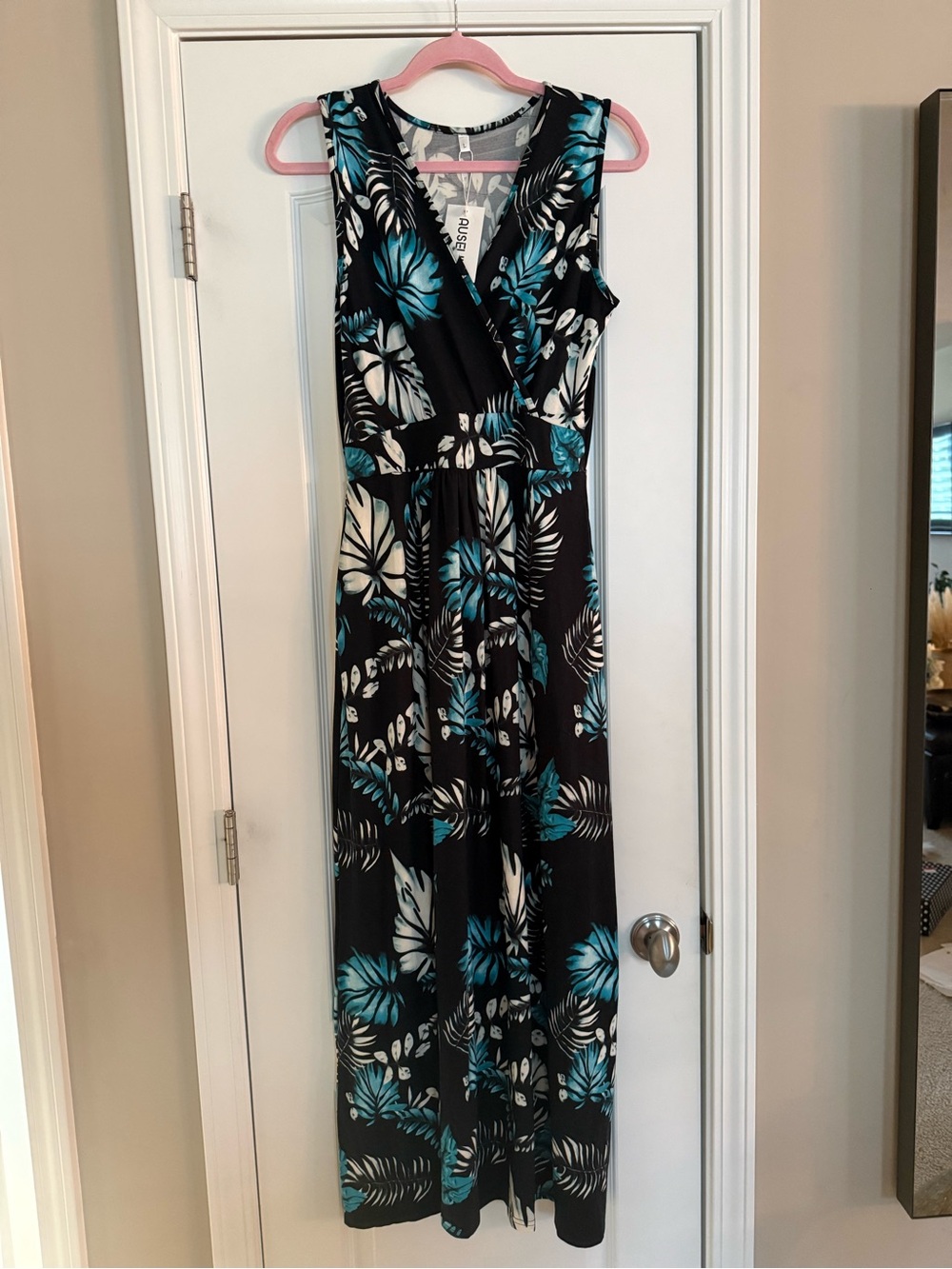 Black Tropical Print Maxi Dress with Teal Accents